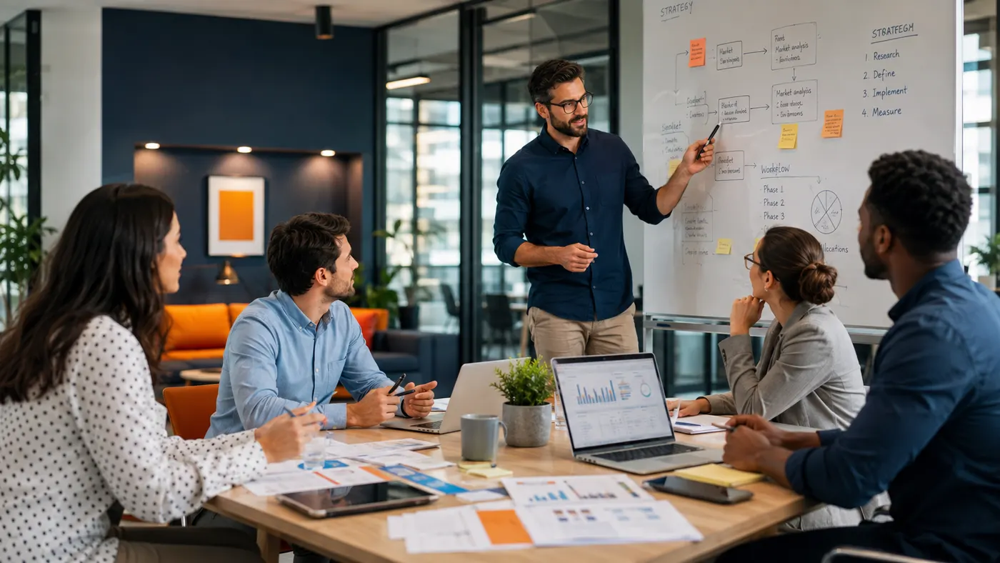 Aim Hii at work — a planning or working-session scene that feels analytical and hands-on (whiteboard, plan documents, dashboards).