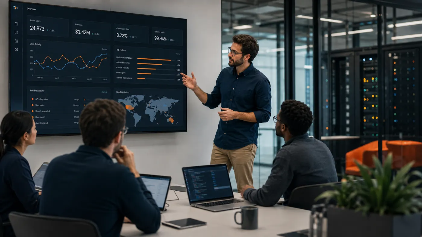 Technology team reviewing a product dashboard together