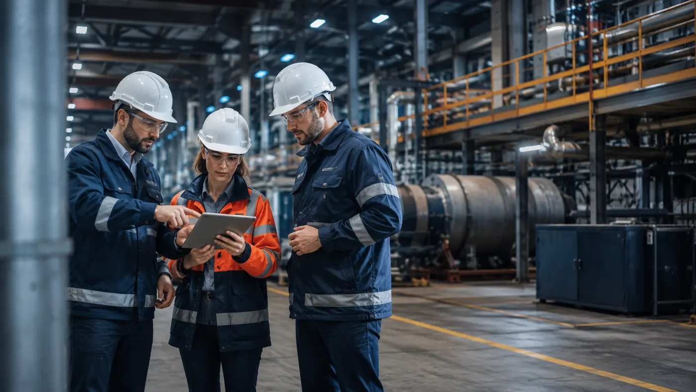 Engineers reviewing plans on an industrial plant floor