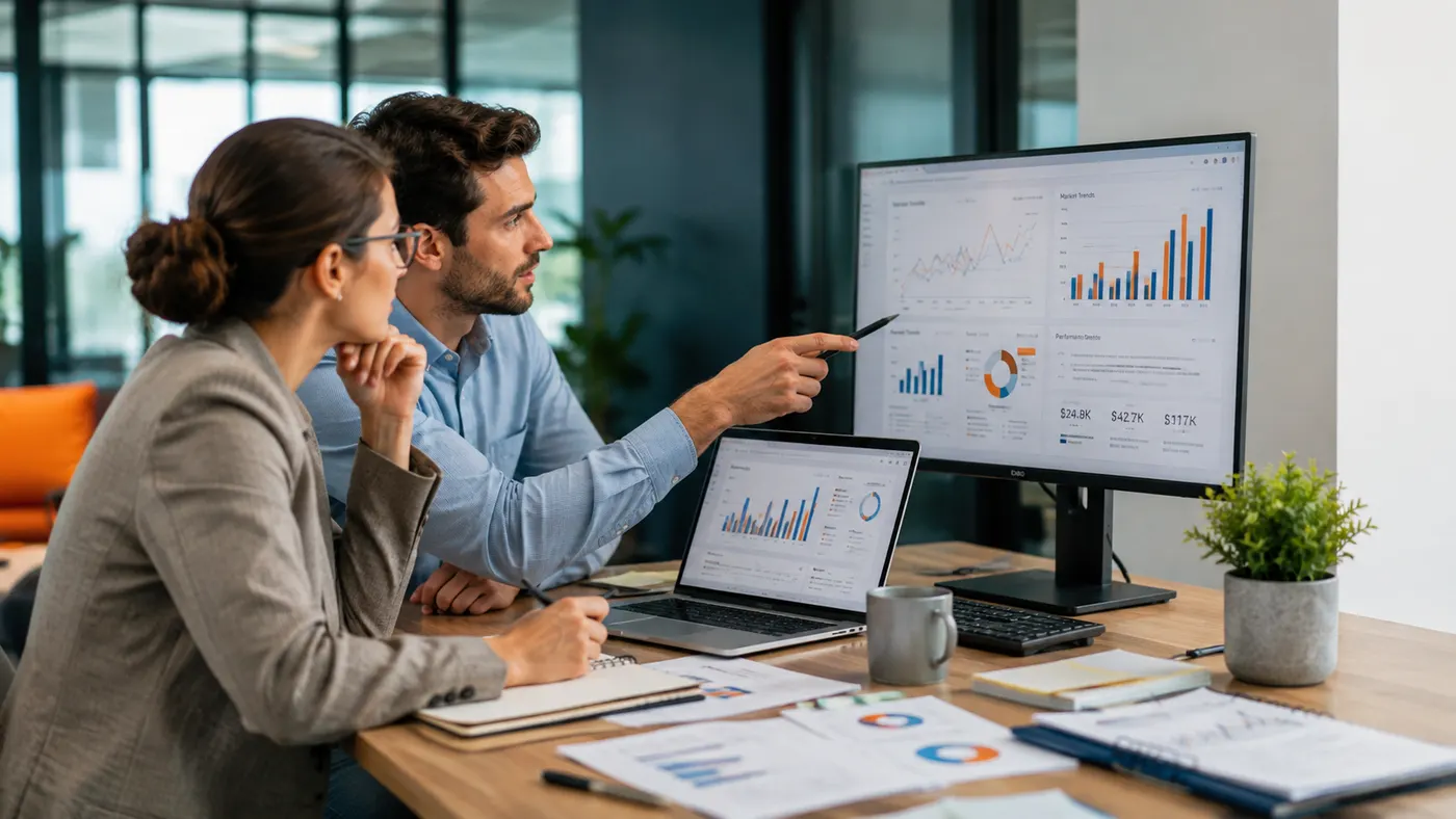 Analyst or small team working through market data, reports, or a competitor map — evidence-gathering in progress.