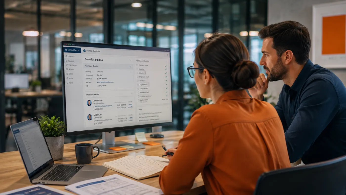 A researcher verifying company and contact details on screen — careful, human-led list building.