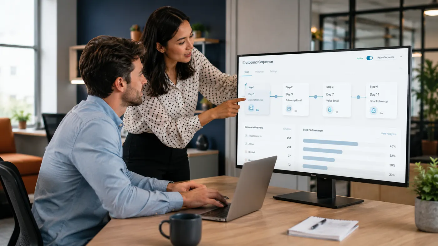 A professional composing or reviewing a structured B2B email sequence on a desktop screen.