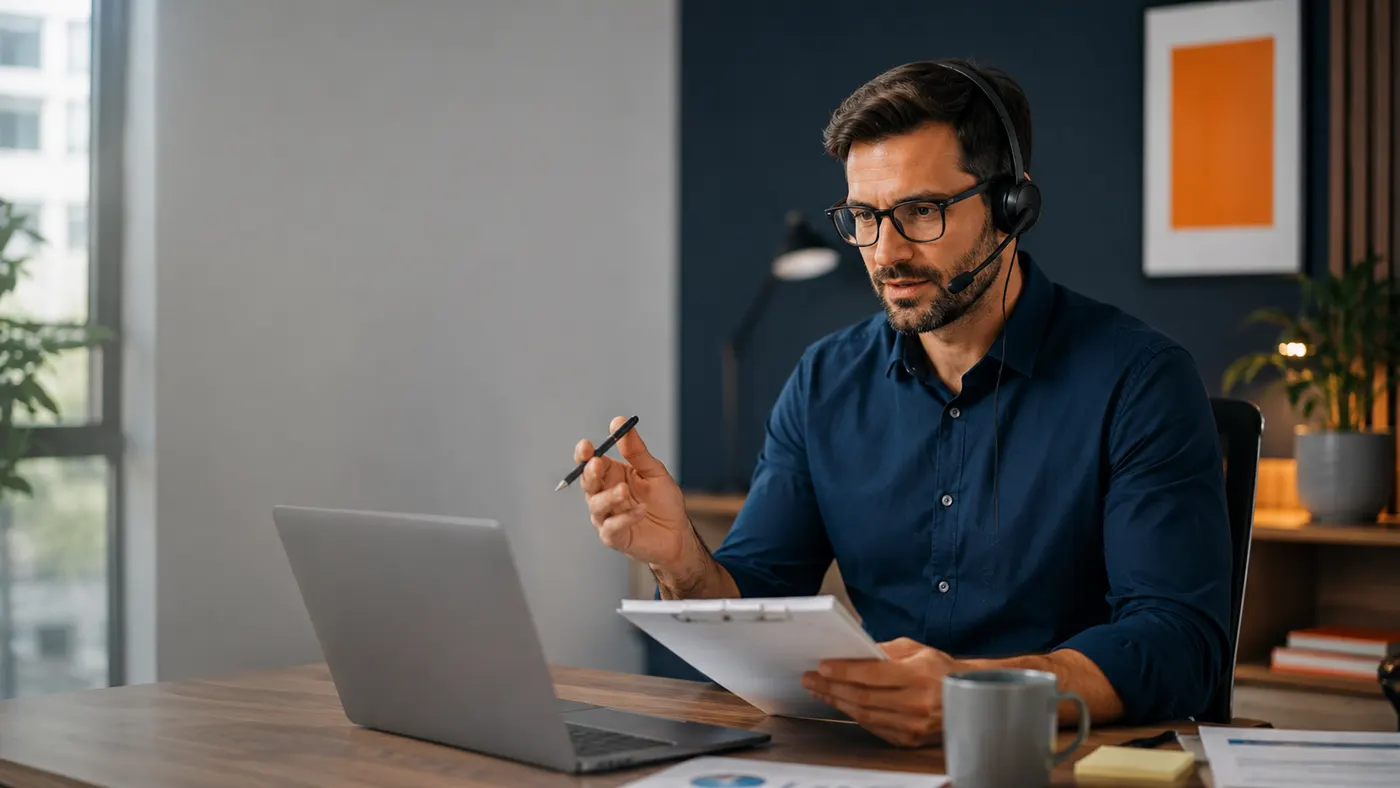 A professional in a focused business conversation on a headset — consultative, not a crowded call-centre floor.