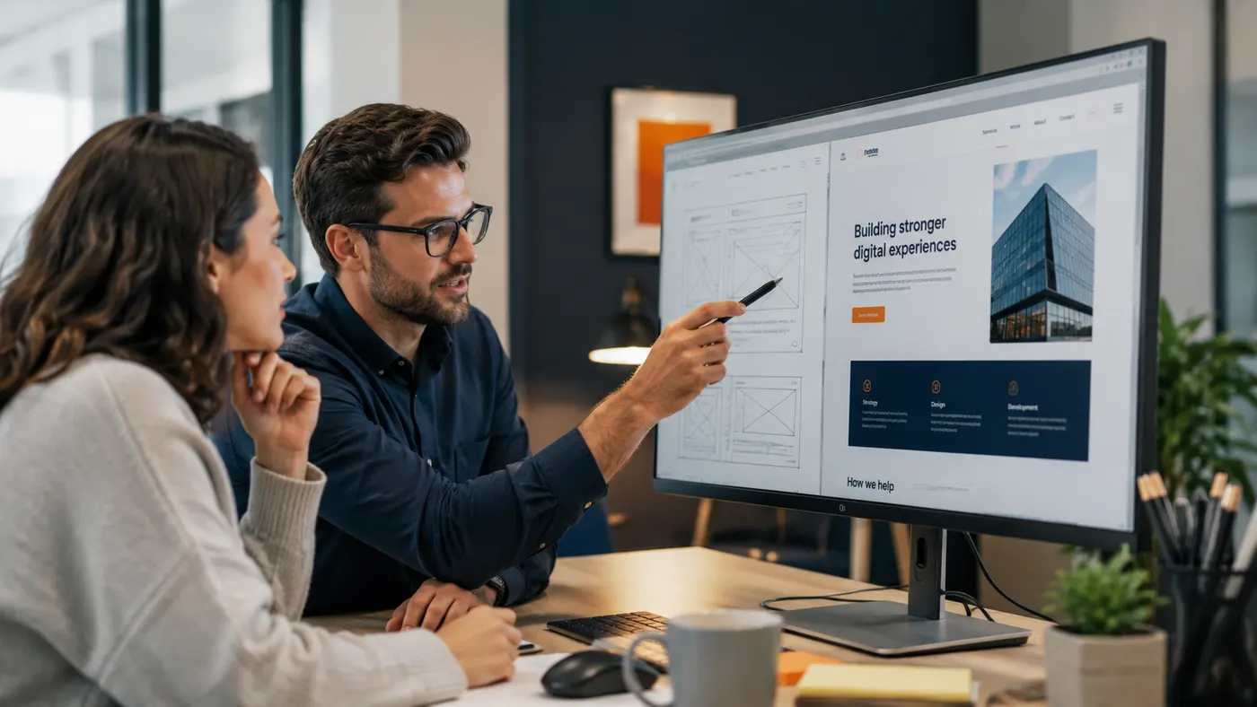 A developer or designer building a clean business website — code editor or responsive design view visible.