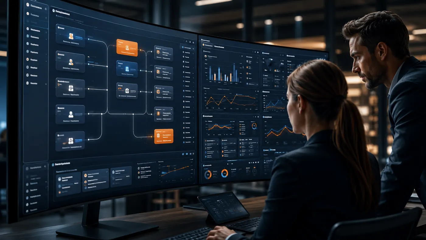 A workflow, dashboard, or connected-systems view on screen — data flowing between business tools.